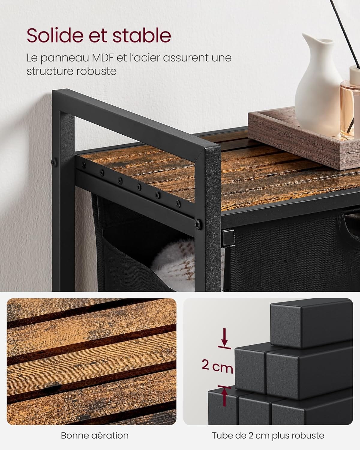 Panier à linge double avec compartiments – Pratique et robuste Noir/Marron