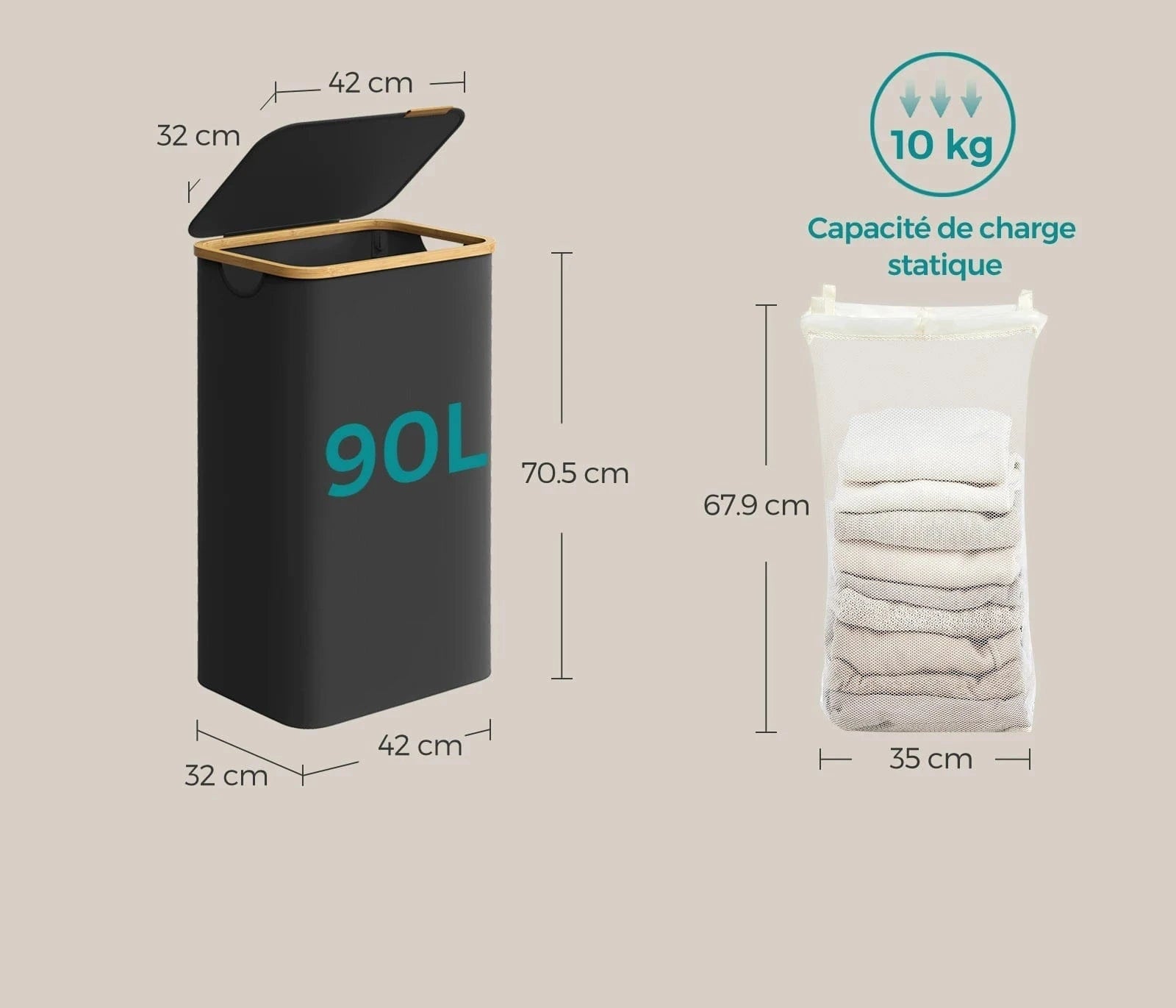 Panier à linge pliable 90L avec couvercle et sac