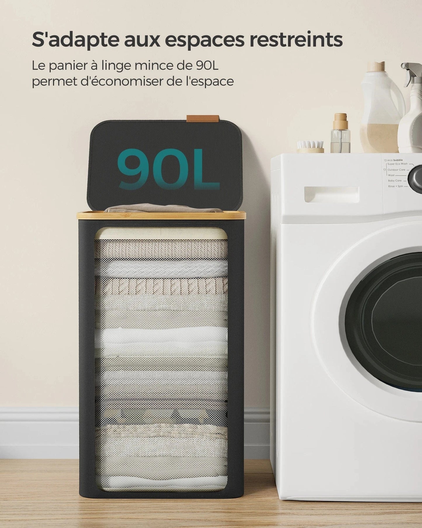 Panier à linge pliable 90L avec couvercle et sac