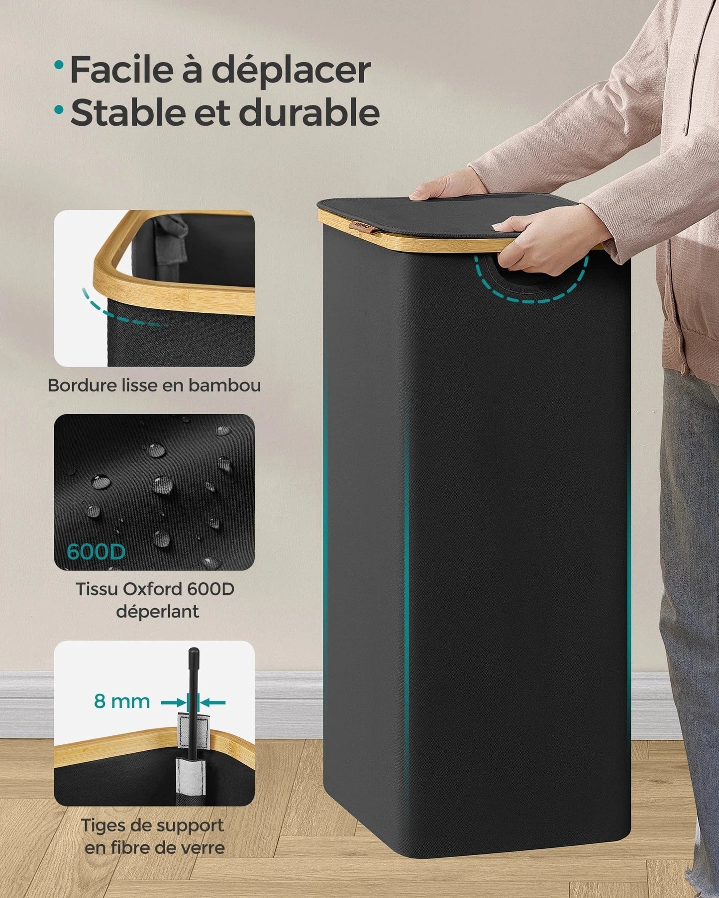 Panier à linge pliable 90L avec couvercle et sac