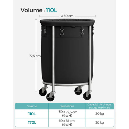 Panier a linge sur roulettes – Sac amovible, pratique et robuste Noir