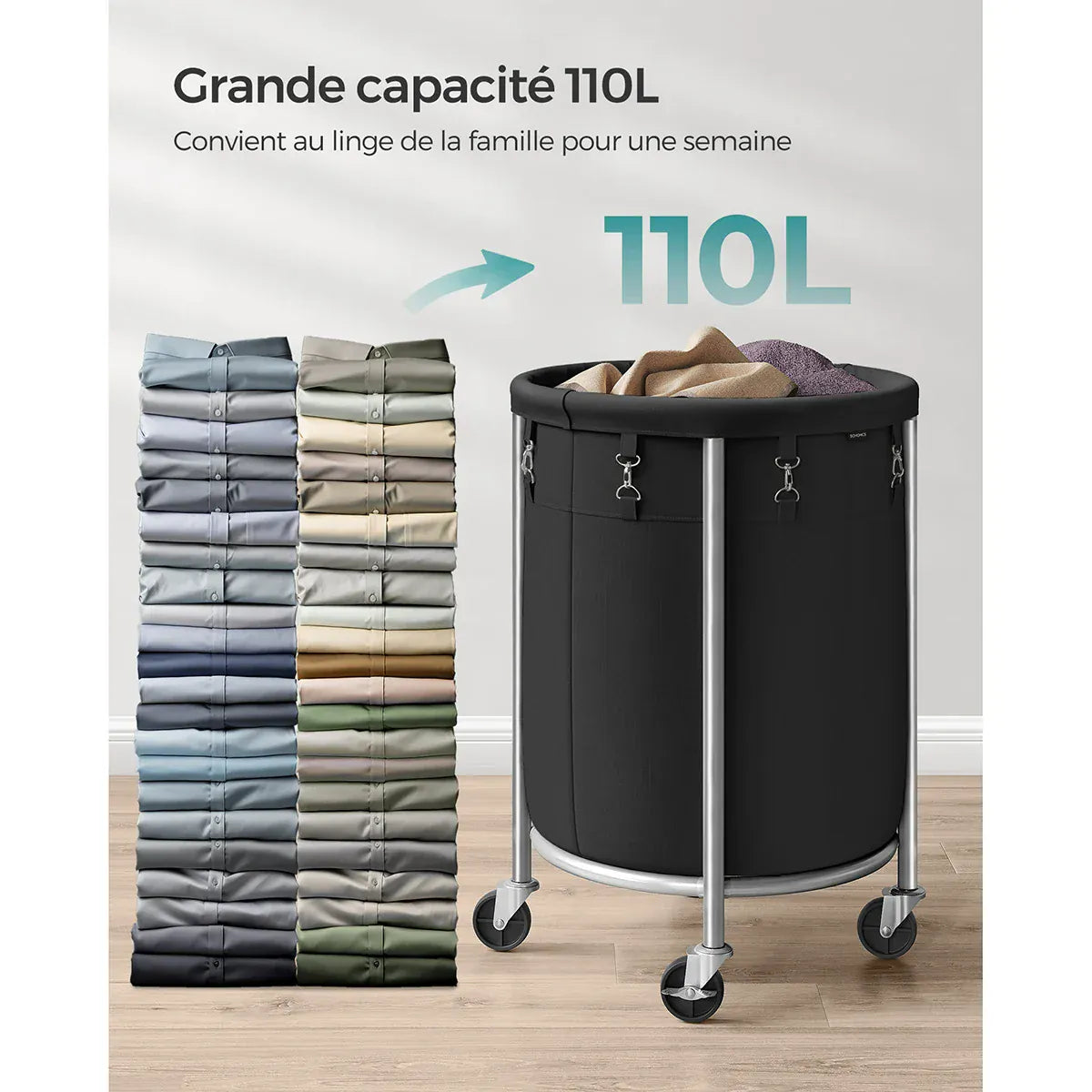 Panier a linge sur roulettes – Sac amovible, pratique et robuste Noir