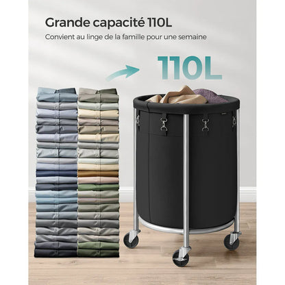 Panier a linge sur roulettes – Sac amovible, pratique et robuste Noir