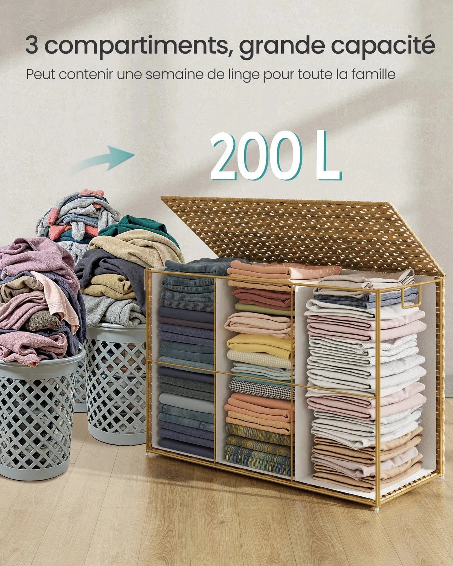 Storage Basket, 200L Dirty Laundry Basket with Lid, Foldable, Removable Fabric Bags and Handles, for Blankets, Clothes, Living R Couleur Boisée / 200 L / GERMANY