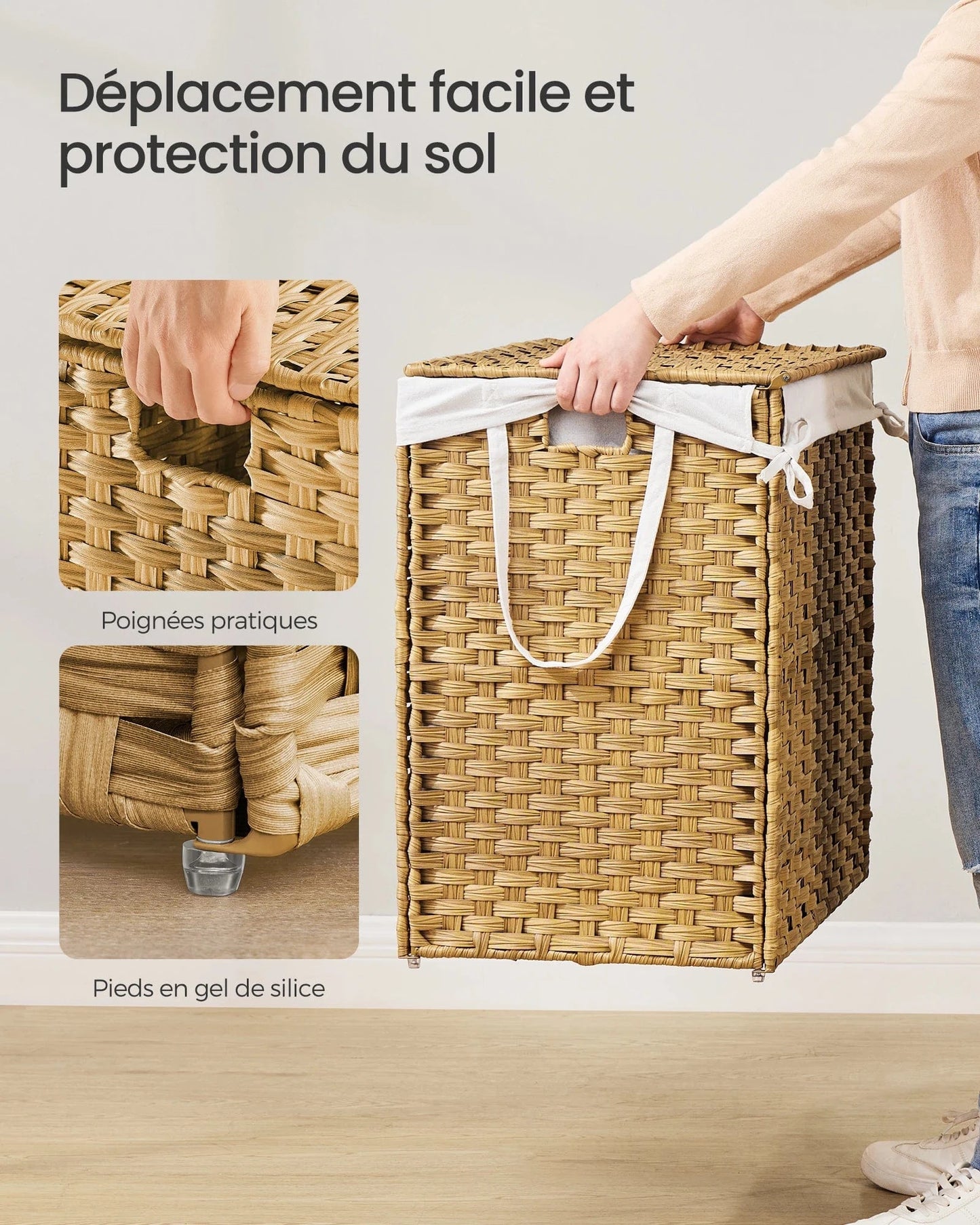 Storage Basket, 200L Dirty Laundry Basket with Lid, Foldable, Removable Fabric Bags and Handles, for Blankets, Clothes, Living R Couleur Boisée / 200 L / GERMANY