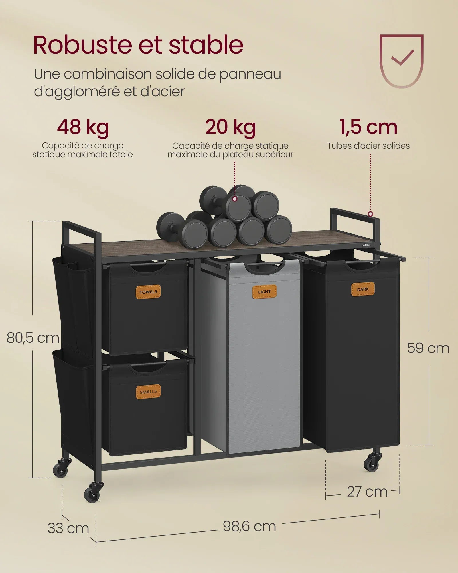 Panière à linge à roulettes 4 compartiments