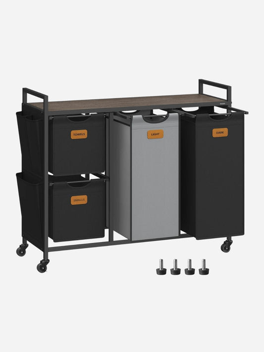 Panière à linge à roulettes 4 compartiments Noir d'Encre et Gris Tourterelle