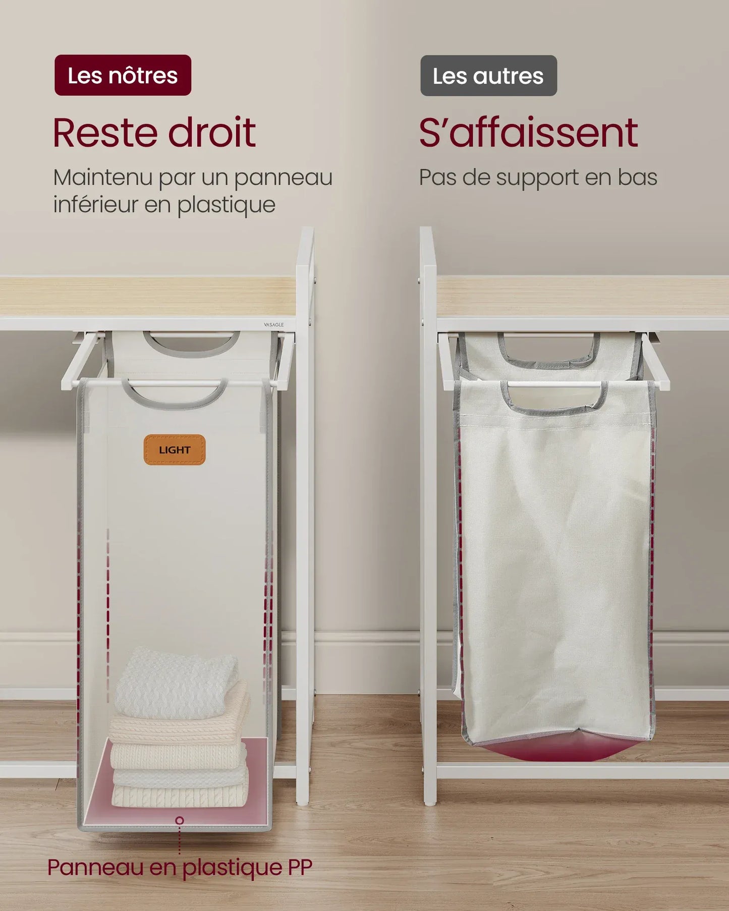 Panière à linge à roulettes 3 compartiments Gris et Blanc