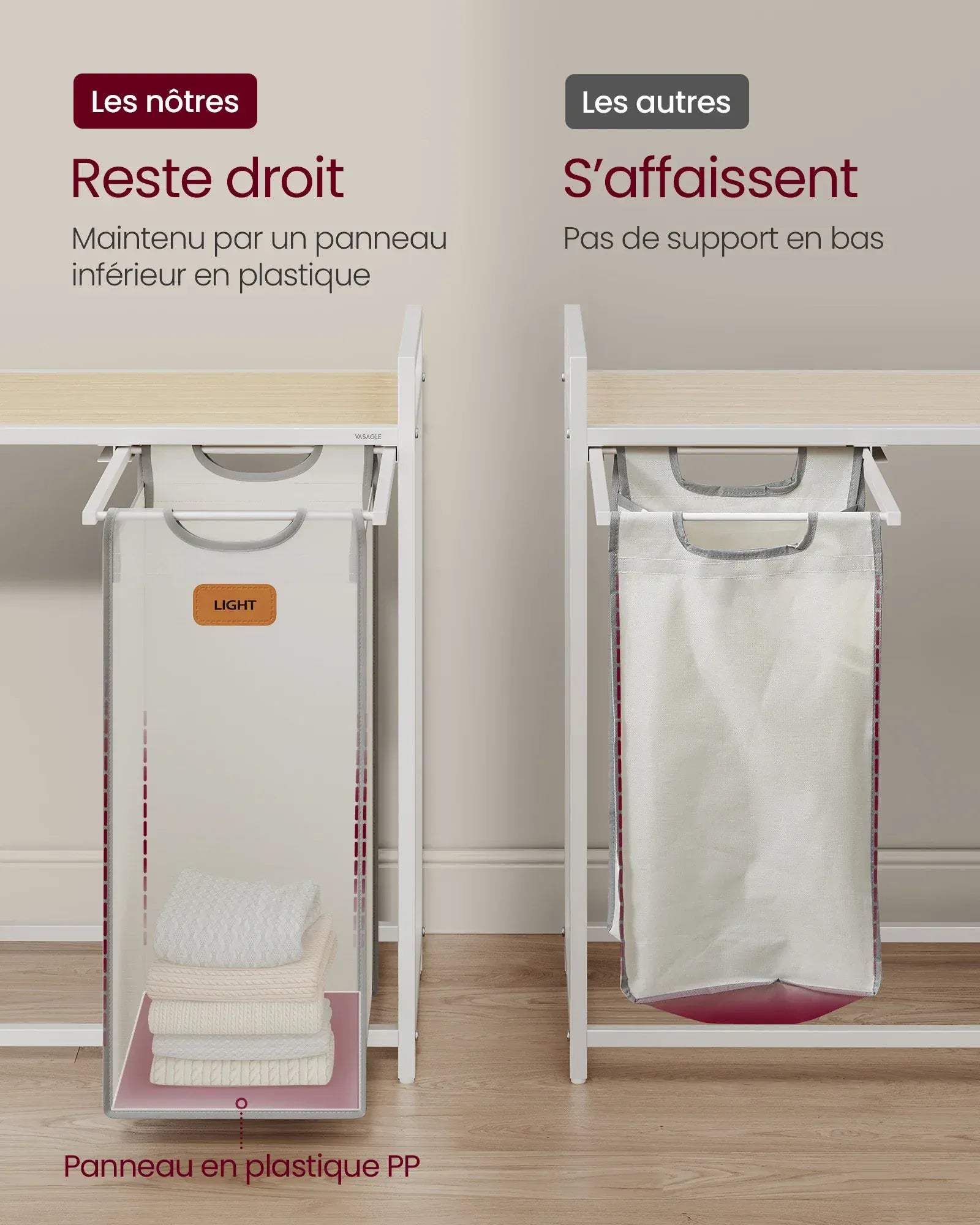 Panière à linge à roulettes 3 compartiments Gris et Blanc