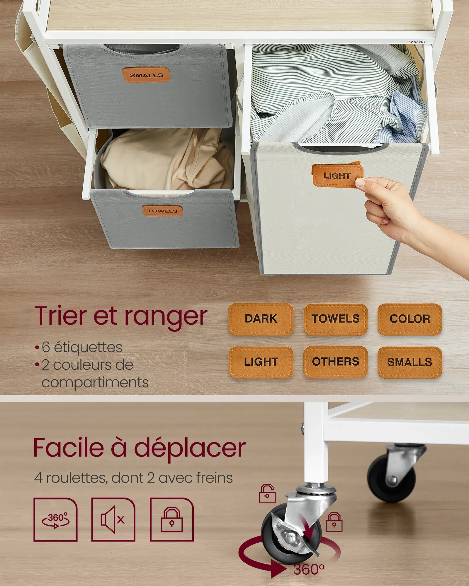 Panière à linge à roulettes 3 compartiments Gris et Blanc