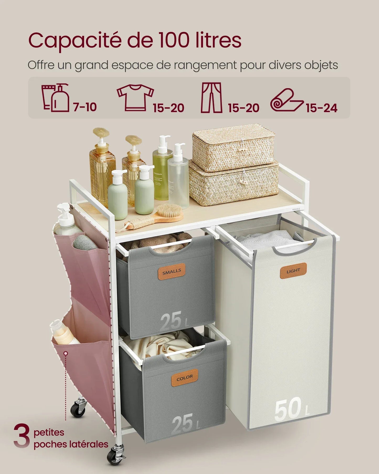 Panière à linge à roulettes 3 compartiments Gris et Blanc