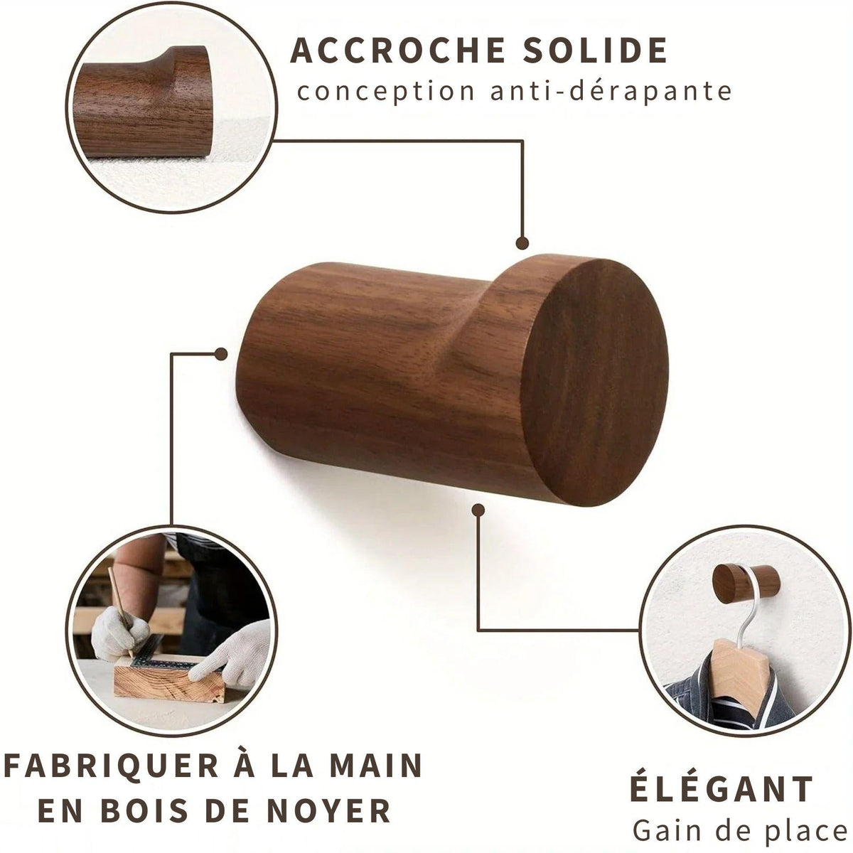 Patère murale vintage bois noyer - Aéraly