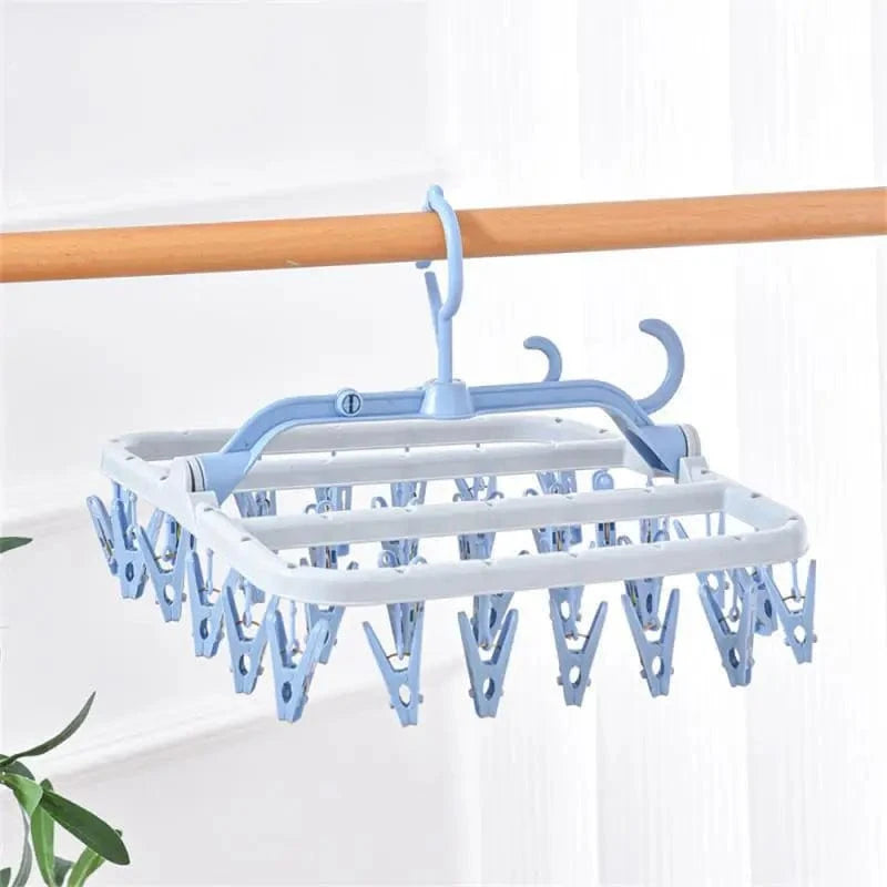 MOD 32 Clips Folding Clothes Dryer Hanger Windproof Socks Underwear Drying Rack Household Children Adults Storage Laundry Rack Blue 32Clip / CHINA