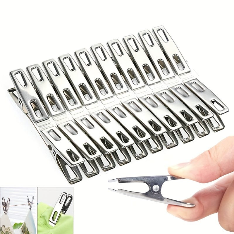 MOD 20pcs Stainless Steel Clothespins - Heavy Duty Windproof Laundry Clips with Non-Slip Grip, Rust-Resistant Multifunctional Metal Clips for Drying Clothes, Sealing Bags, Organizing Papers - Compact & Portable Household Esse 20Pcs