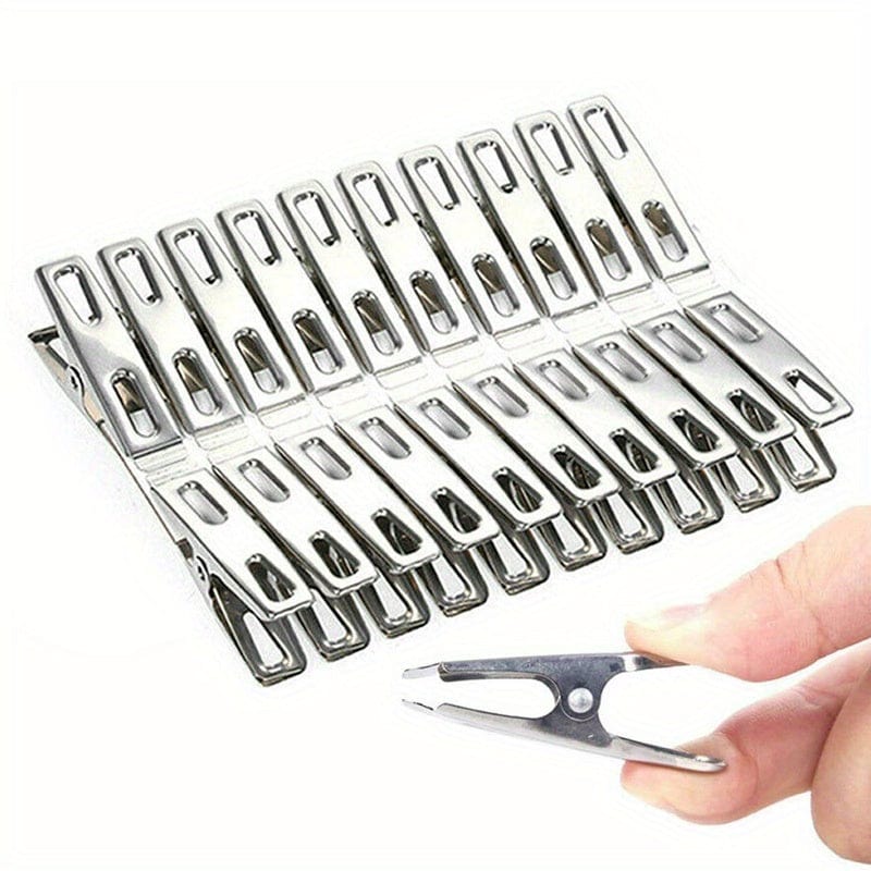 MOD 20pcs Stainless Steel Clothespins - Heavy Duty Windproof Laundry Clips with Non-Slip Grip, Rust-Resistant Multifunctional Metal Clips for Drying Clothes, Sealing Bags, Organizing Papers - Compact & Portable Household Esse 20Pcs