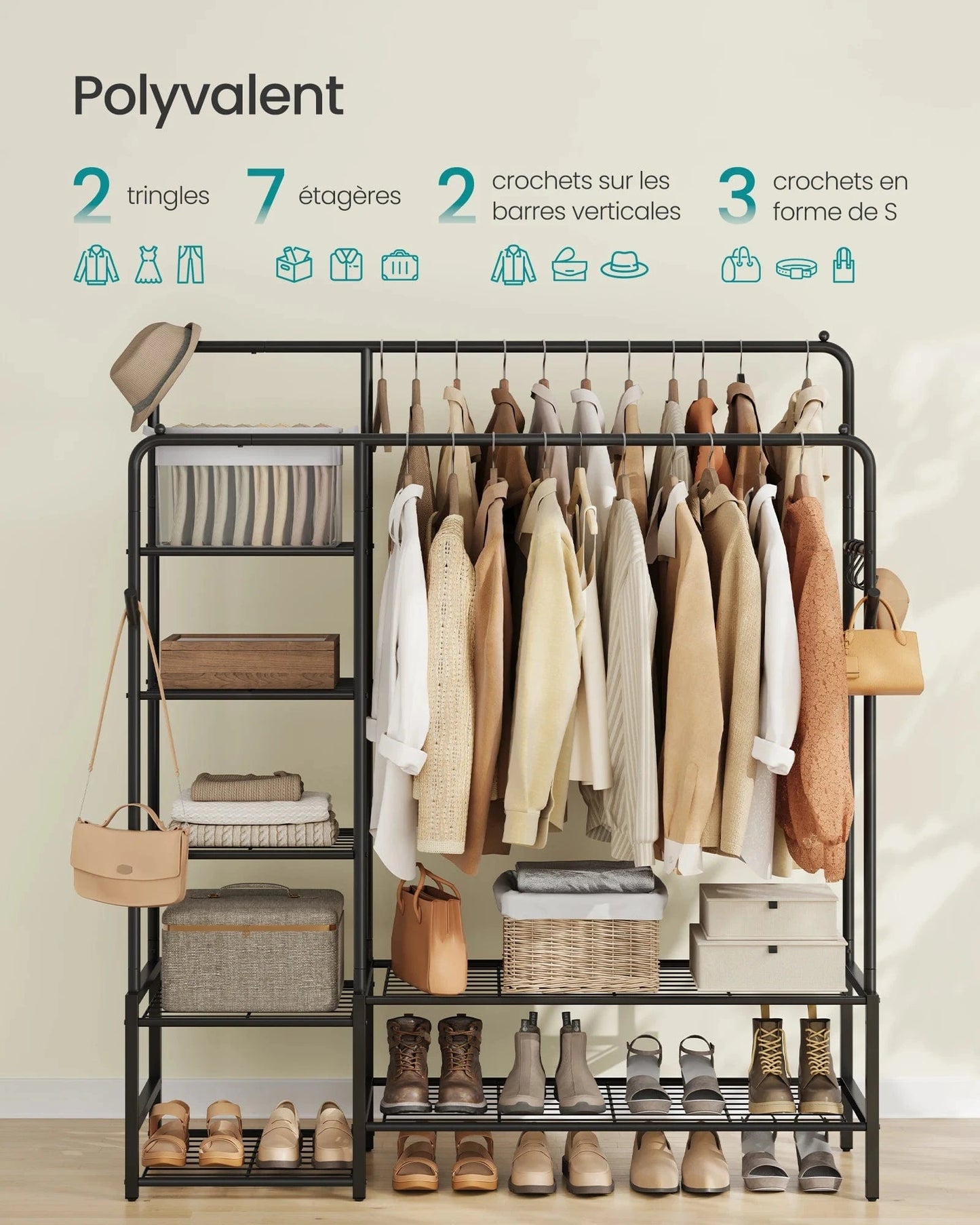 Clothes Rack, Open Wardrobe, Coat Rack with 7 Shelves, Metal Frame, Rods, Black Noir / 45 x 115,8 x 172,8 cm (P x L x H) / france