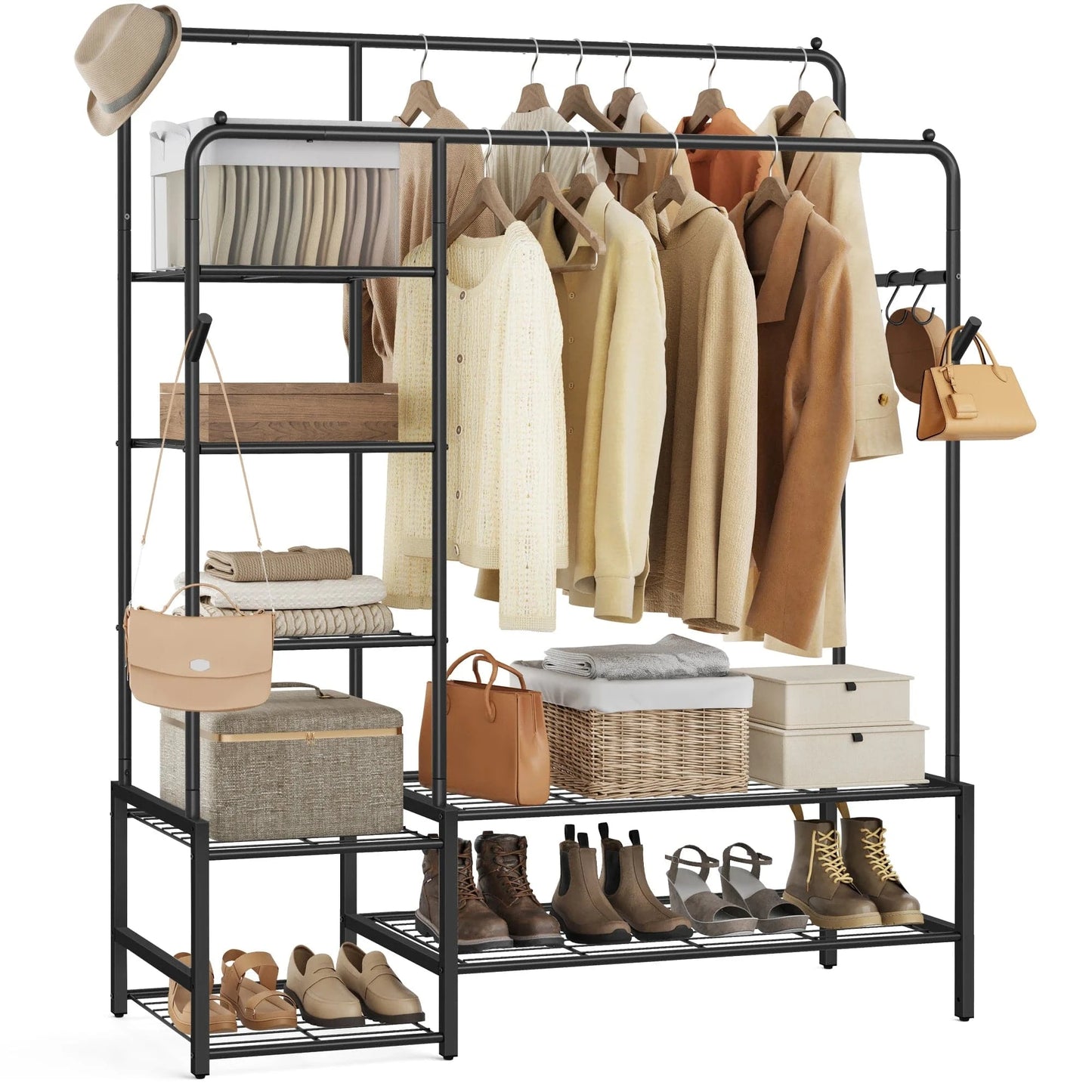 Clothes Rack, Open Wardrobe, Coat Rack with 7 Shelves, Metal Frame, Rods, Black Noir / 45 x 115,8 x 172,8 cm (P x L x H) / france