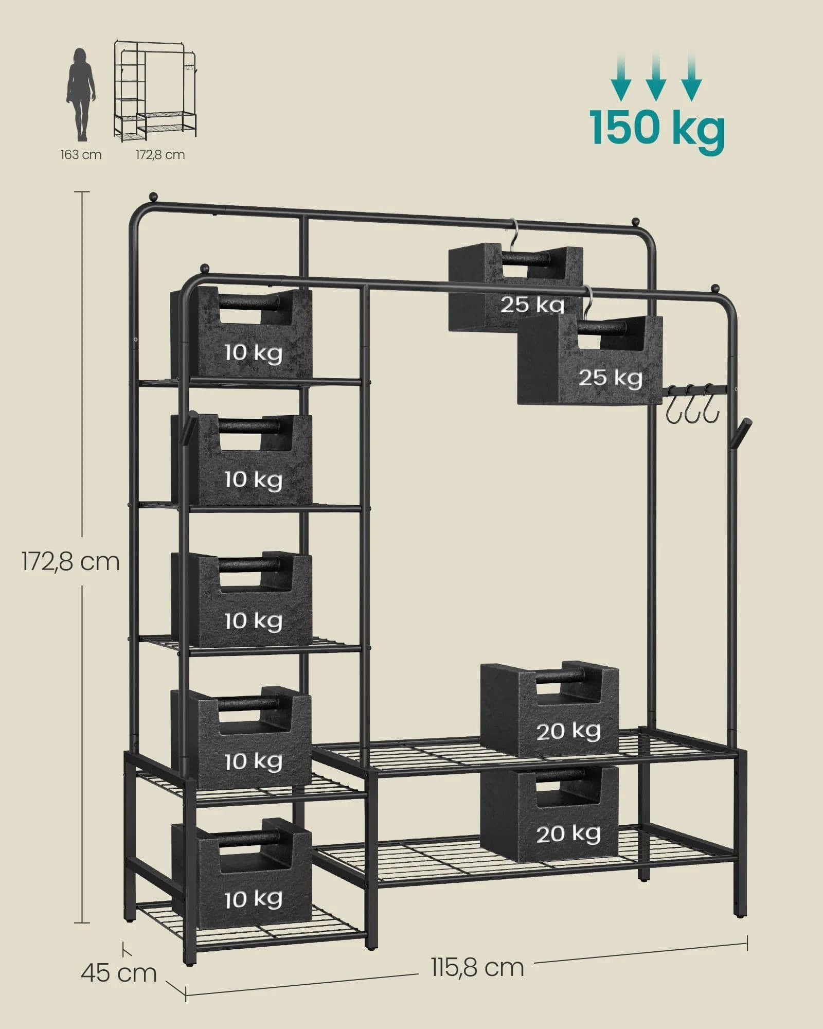 Clothes Rack, Open Wardrobe, Coat Rack with 7 Shelves, Metal Frame, Rods, Black Noir / 45 x 115,8 x 172,8 cm (P x L x H) / france