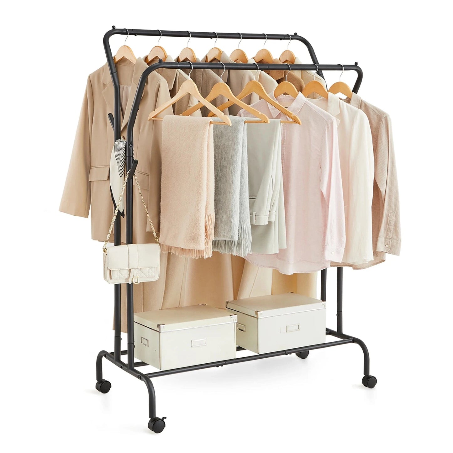 Portant double en métal noir avec roulettes – robuste et pratique