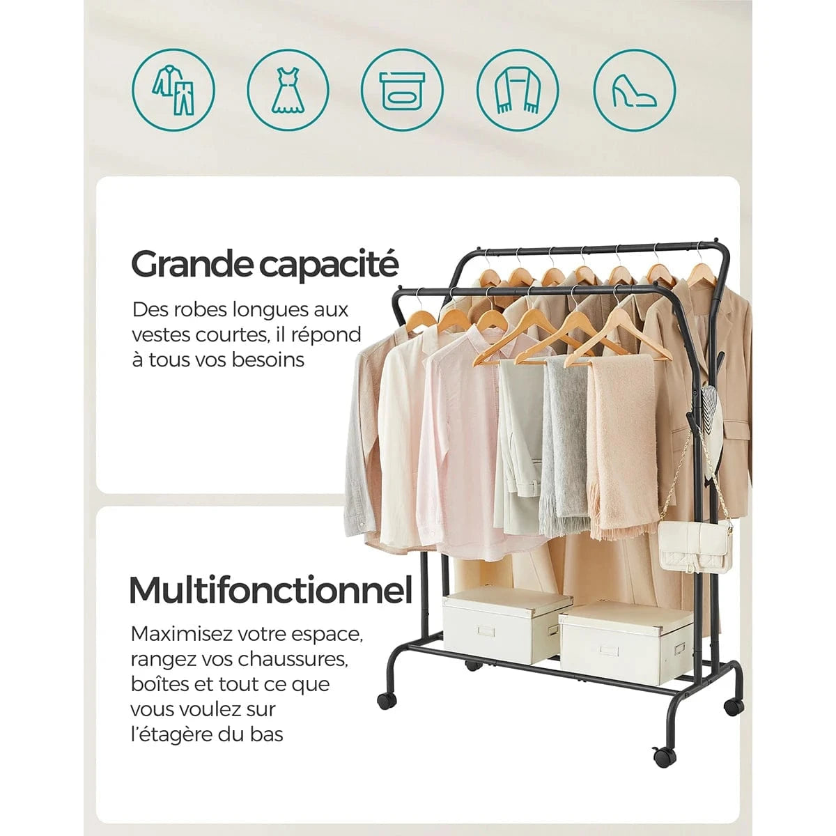 Portant double en métal noir avec roulettes – robuste et pratique