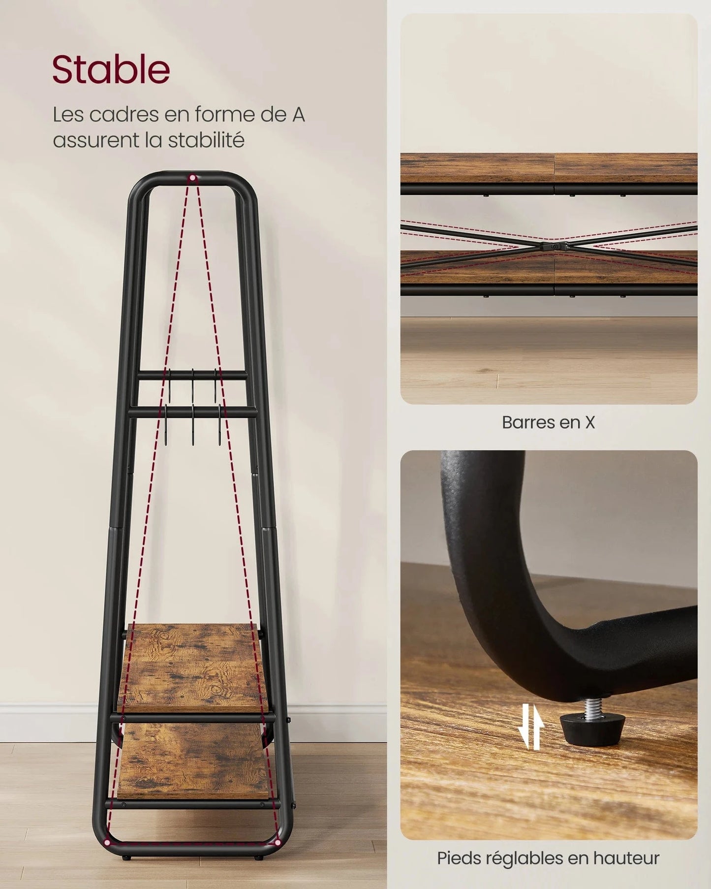 Portant solide pour vêtements avec étagères et crochets