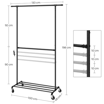 Portant sur roulettes industriel double barre – robuste et mobile Noir