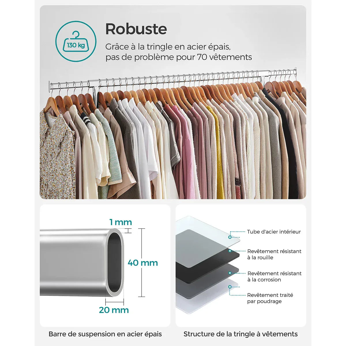 Portant vêtement roulette - Maximisez votre espace de rangement avec praticité Argent