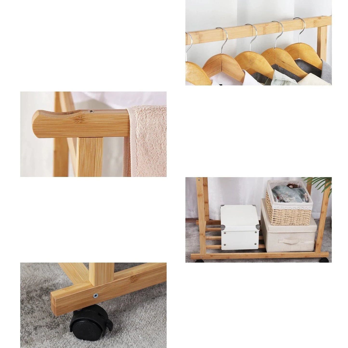 MOD Bamboo Clothes Rail Rack Double Hanging Rails Clothes Rack on Wheels Free Standing Garment Rack with Storage Shelves Coat Rack