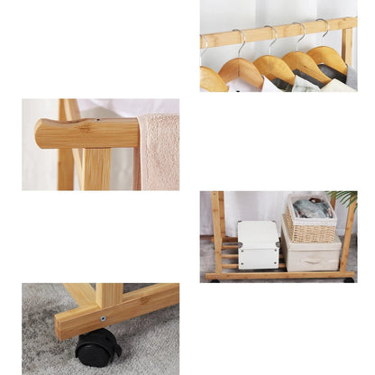 MOD Bamboo Clothes Rail Rack Double Hanging Rails Clothes Rack on Wheels Free Standing Garment Rack with Storage Shelves Coat Rack