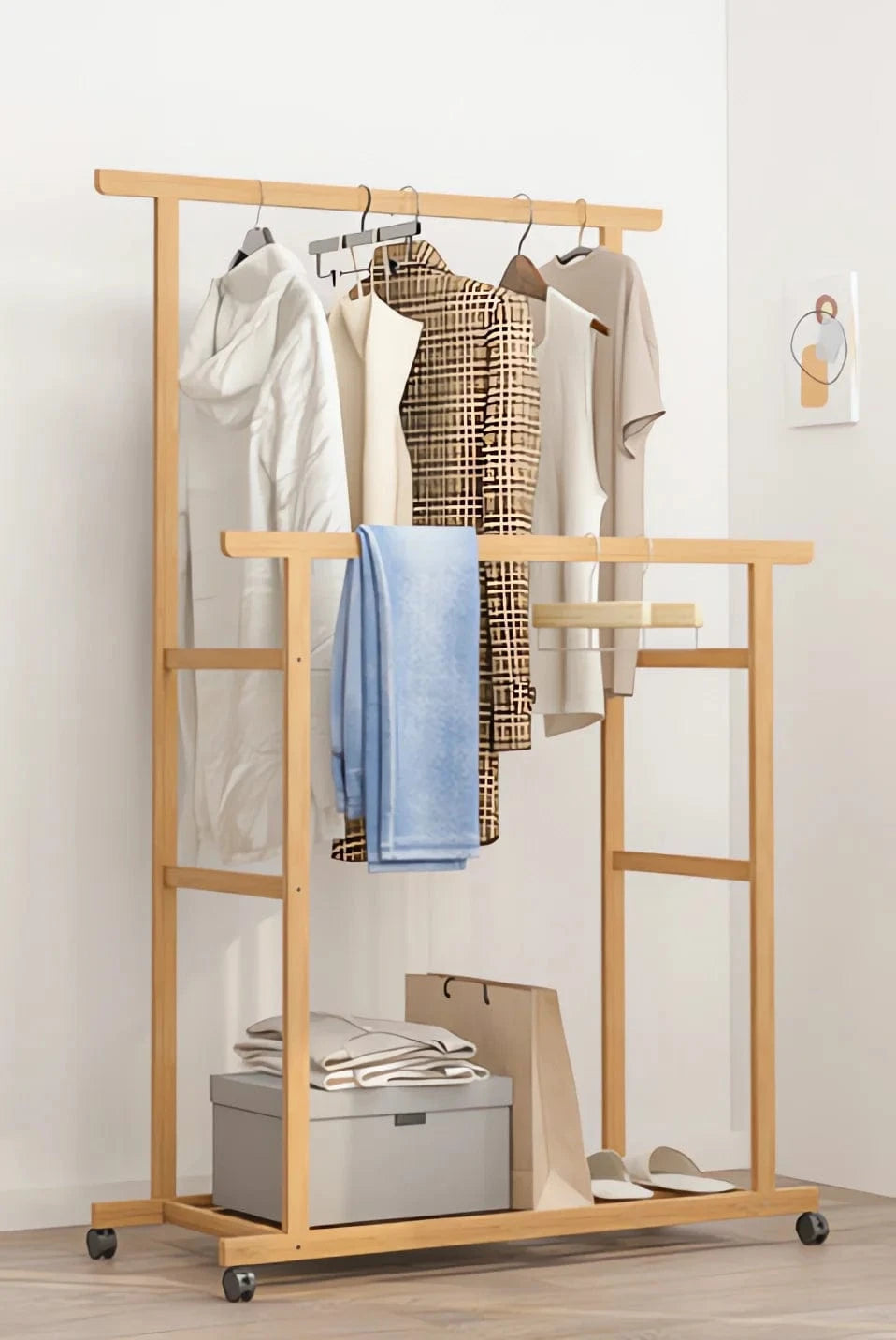 MOD Bamboo Clothes Rail Rack Double Hanging Rails Clothes Rack on Wheels Free Standing Garment Rack with Storage Shelves Coat Rack