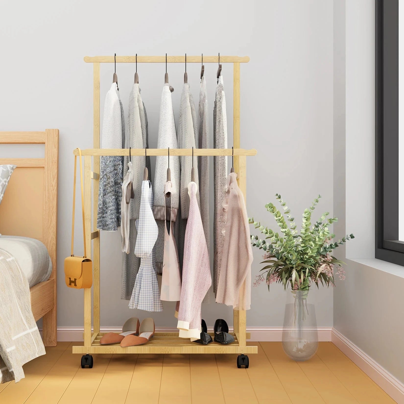 MOD Bamboo Clothes Rail Rack Double Hanging Rails Clothes Rack on Wheels Free Standing Garment Rack with Storage Shelves Coat Rack