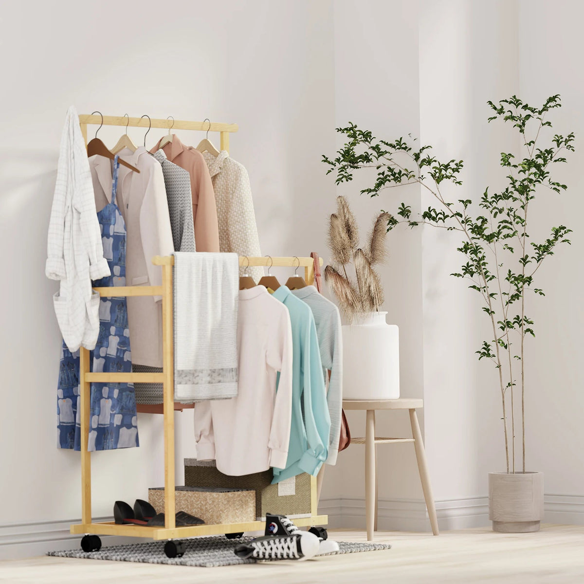 Portant vêtements bambou double barres - Parez votre dressing avec style et fonctionnalité - Aéraly