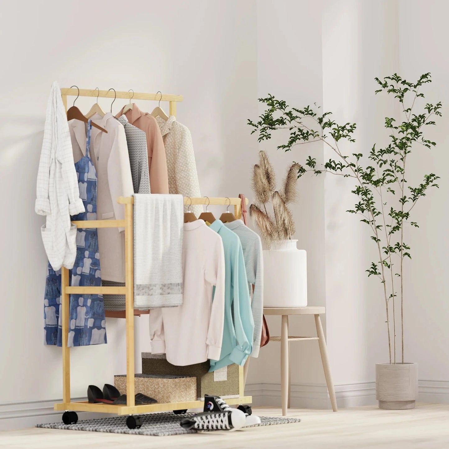 MOD Bamboo Clothes Rail Rack Double Hanging Rails Clothes Rack on Wheels Free Standing Garment Rack with Storage Shelves Coat Rack