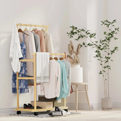 MOD Bamboo Clothes Rail Rack Double Hanging Rails Clothes Rack on Wheels Free Standing Garment Rack with Storage Shelves Coat Rack