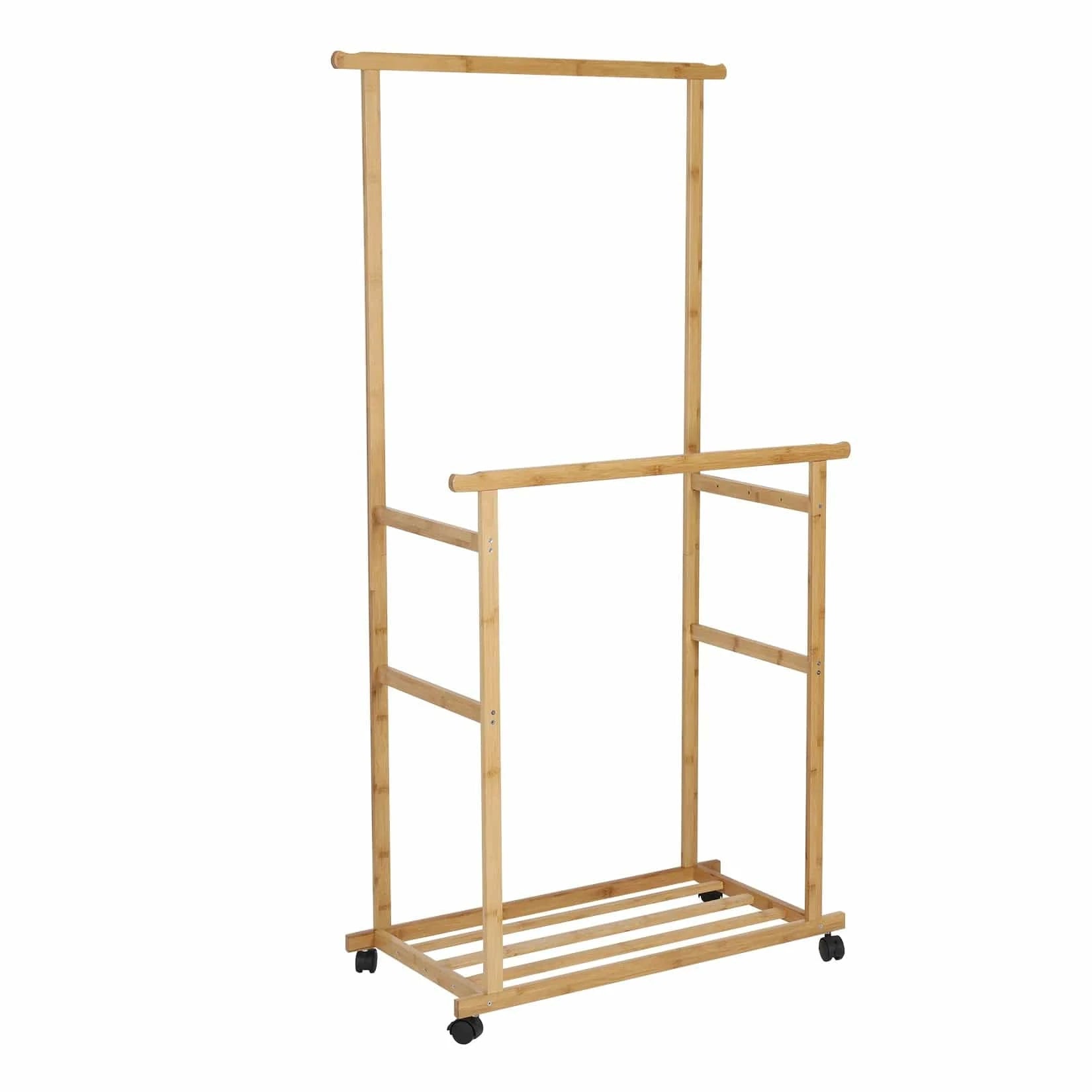 MOD Bamboo Clothes Rail Rack Double Hanging Rails Clothes Rack on Wheels Free Standing Garment Rack with Storage Shelves Coat Rack