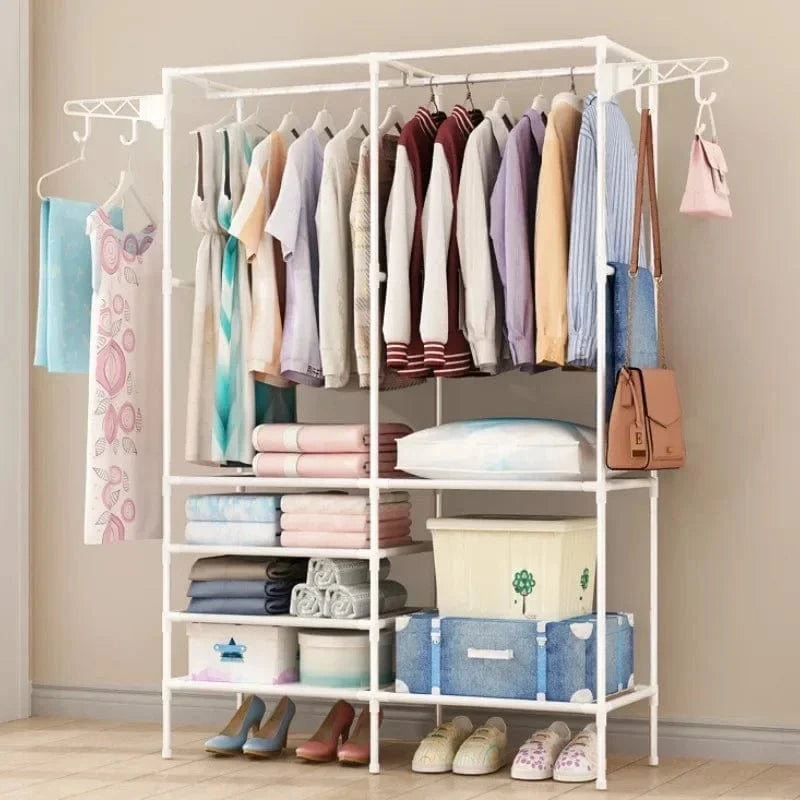 MOD Double Row Clothes Rack Large Floor Hangers with Hanging Hooks Rods Household Simple Storage Shelf Coat and Shoes Clothes Hanger 2 row white