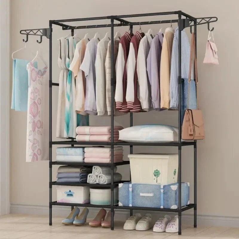 MOD Double Row Clothes Rack Large Floor Hangers with Hanging Hooks Rods Household Simple Storage Shelf Coat and Shoes Clothes Hanger 2 row black