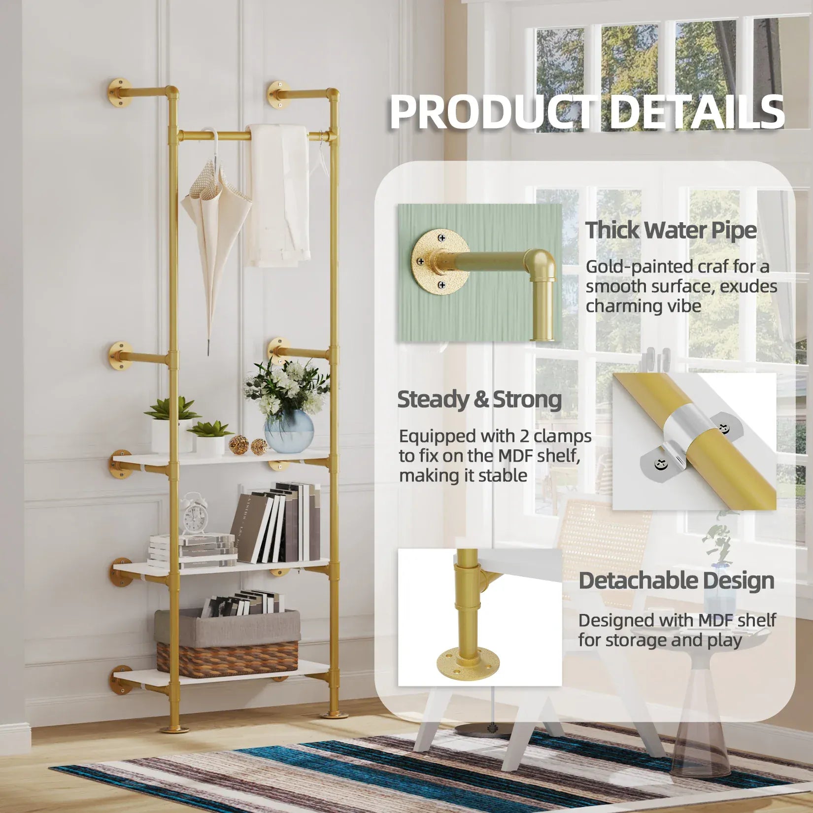 Portant vêtements industriel robuste murales chaussures Or