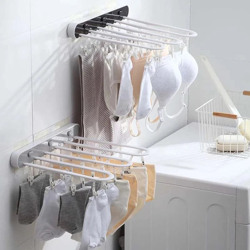Folding Drying Racks Socks Multi-Clips Wall-mounted Cloth Hanger  Laundry Storage Balcony Drying Rack Bathroom Accessories