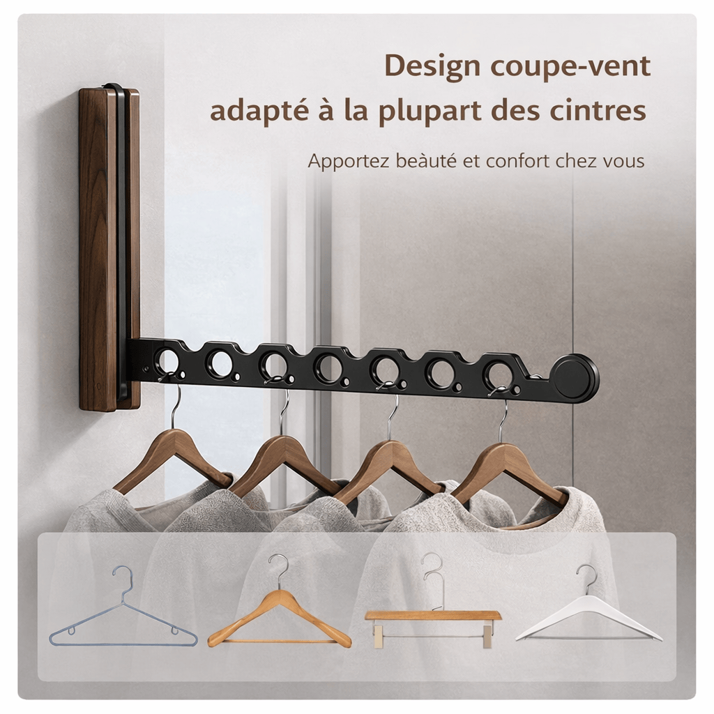 Porte-cintres mural en bois pliable – rangement vêtements élégant