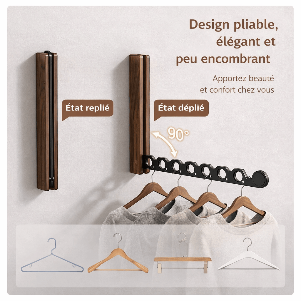 Porte-cintres mural en bois pliable – rangement vêtements élégant