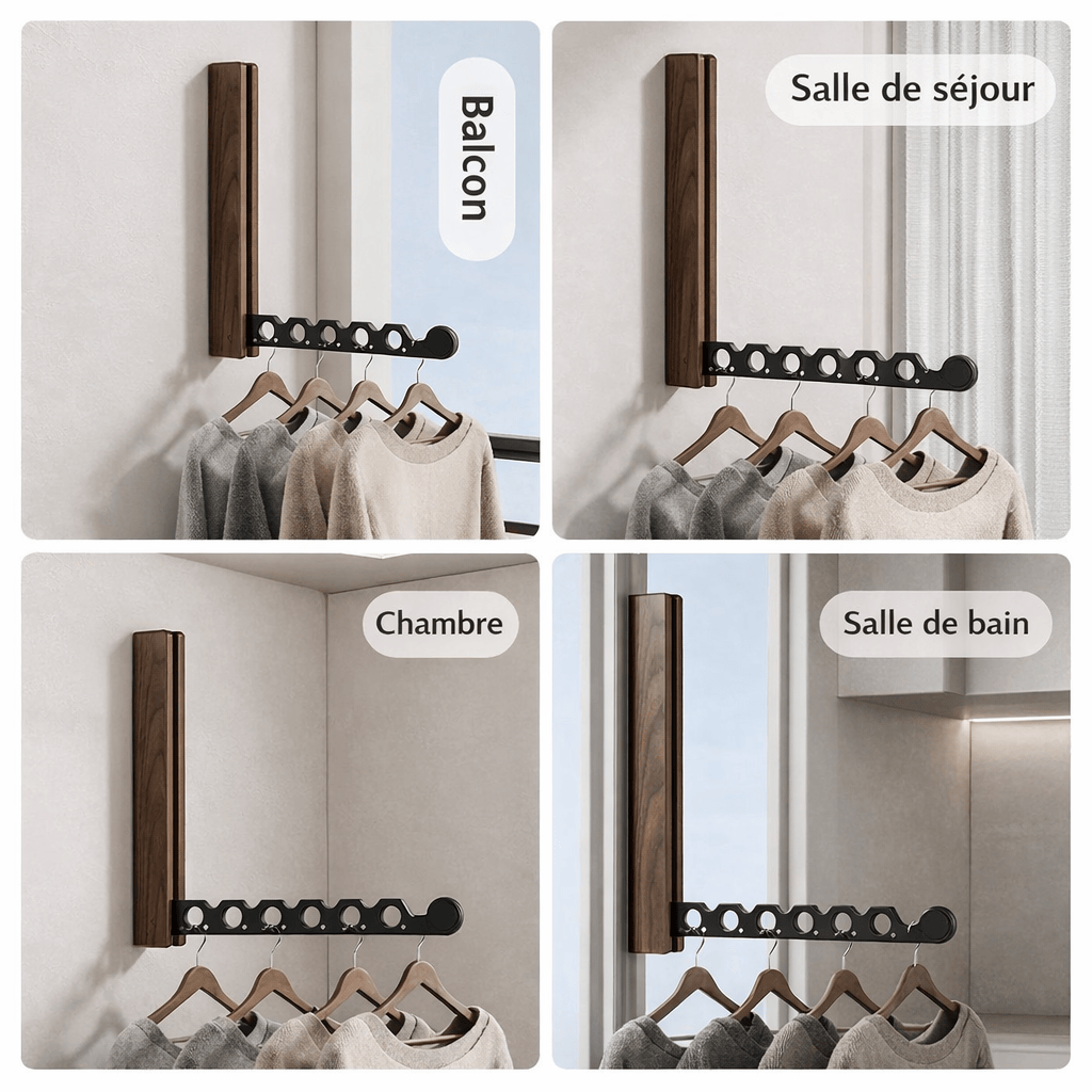 Porte-cintres mural en bois pliable – rangement vêtements élégant