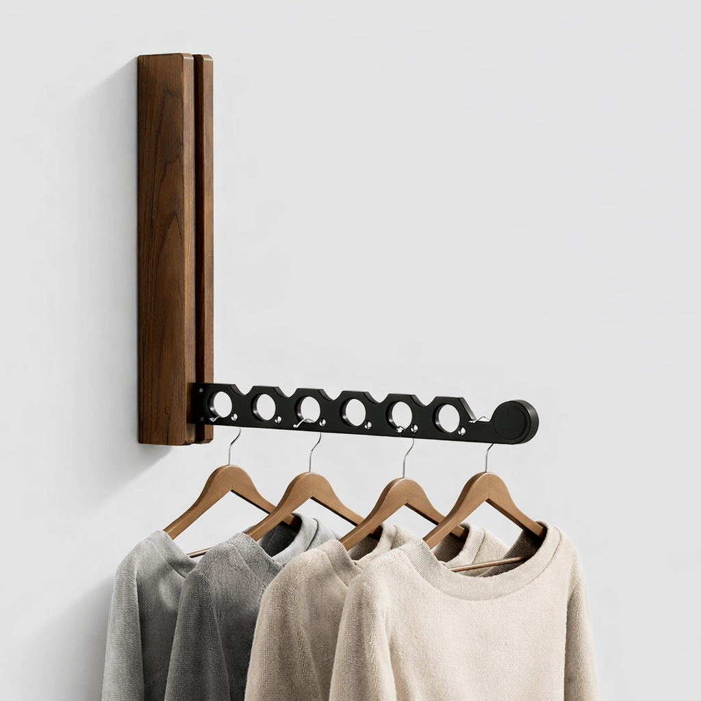 Porte-cintres mural en bois pliable – rangement vêtements élégant