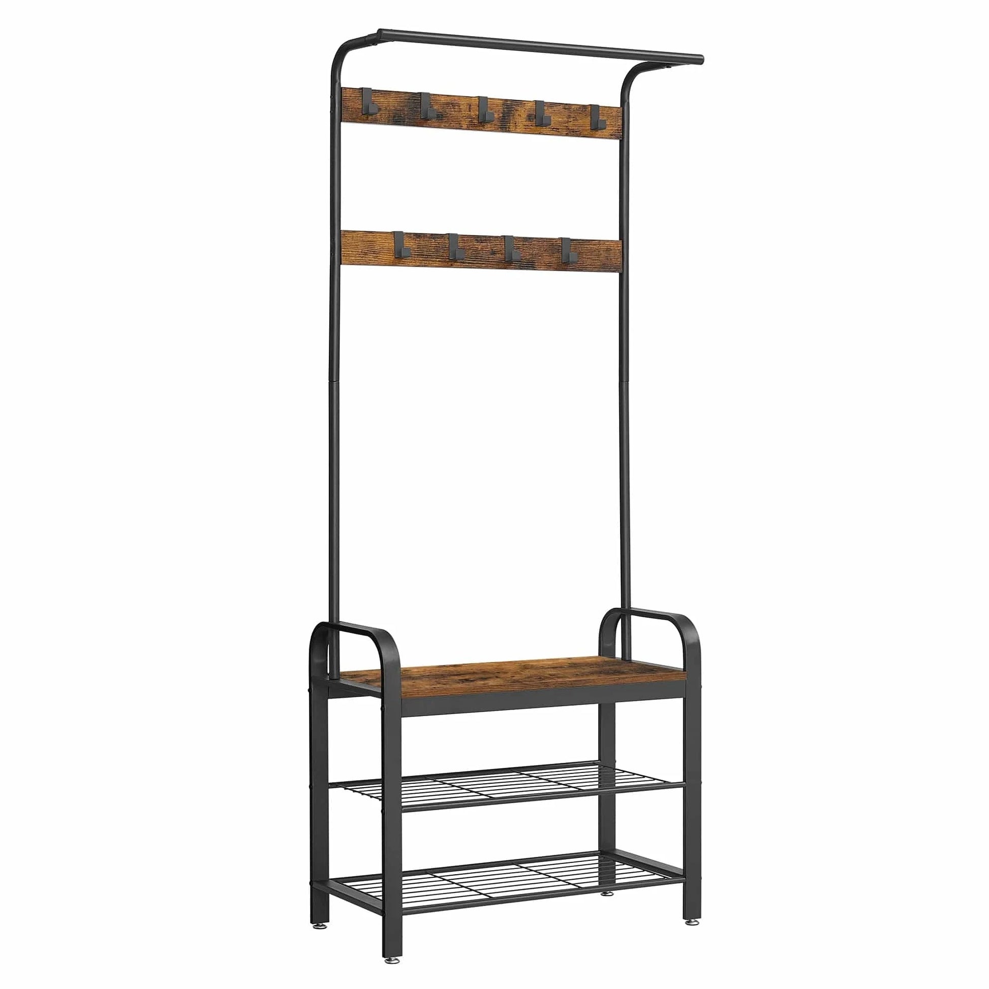 Porte manteau avec banc et étagères – design industriel et fonctionnel Bois noyer/Noir