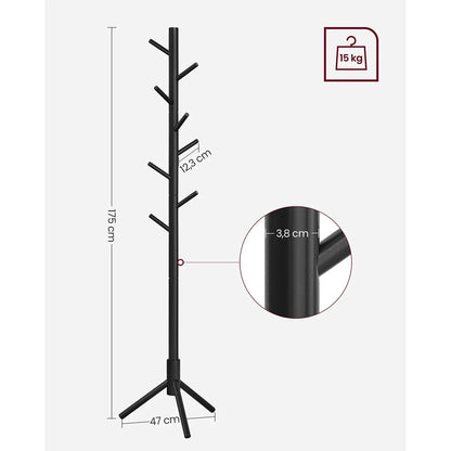 Wooden Coat Rack with 8 Hooks, 3 Adjustable Heights, Tree Shape, Wood/Black