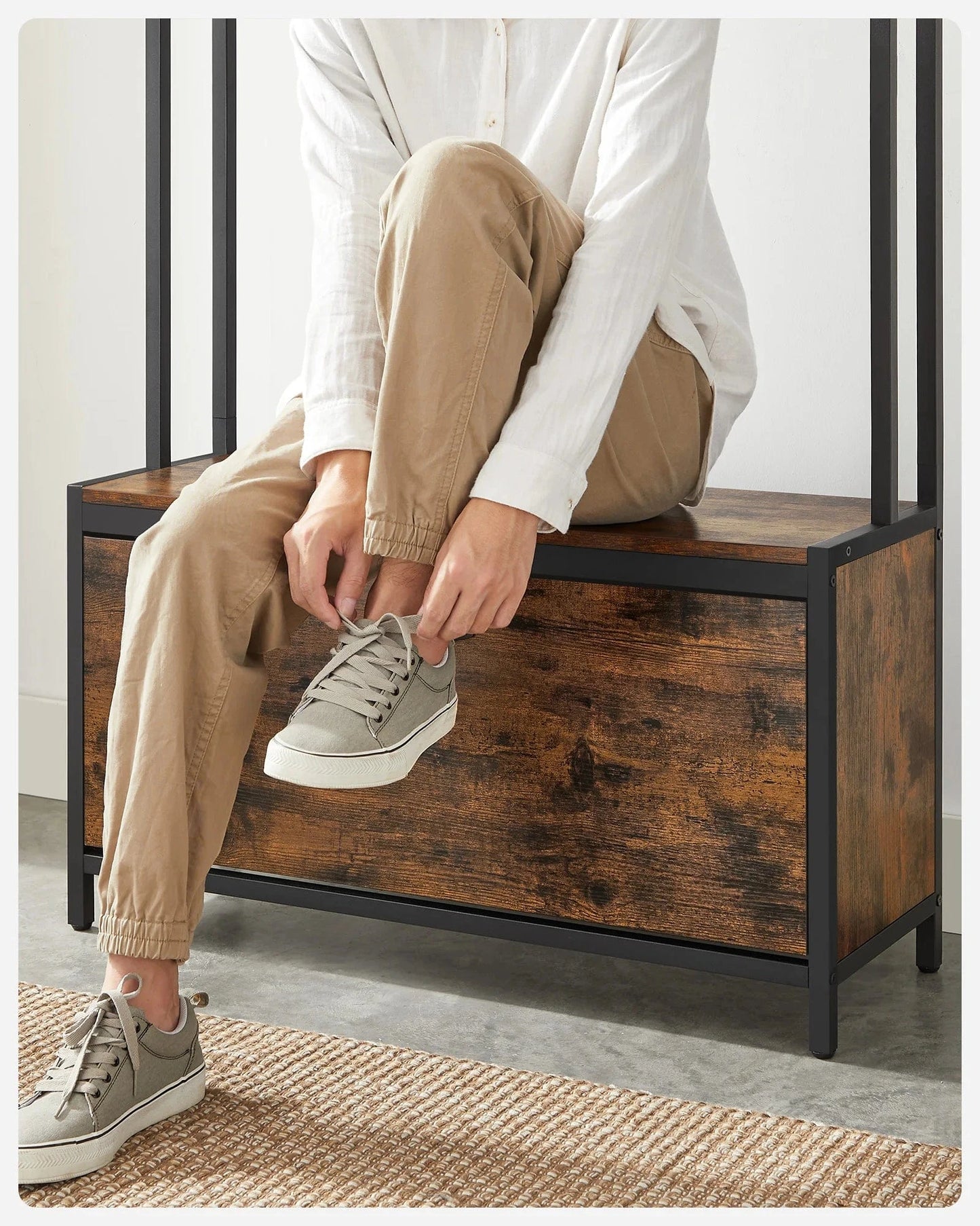 Porte manteau chaussure industriel avec banc et étagère de rangement