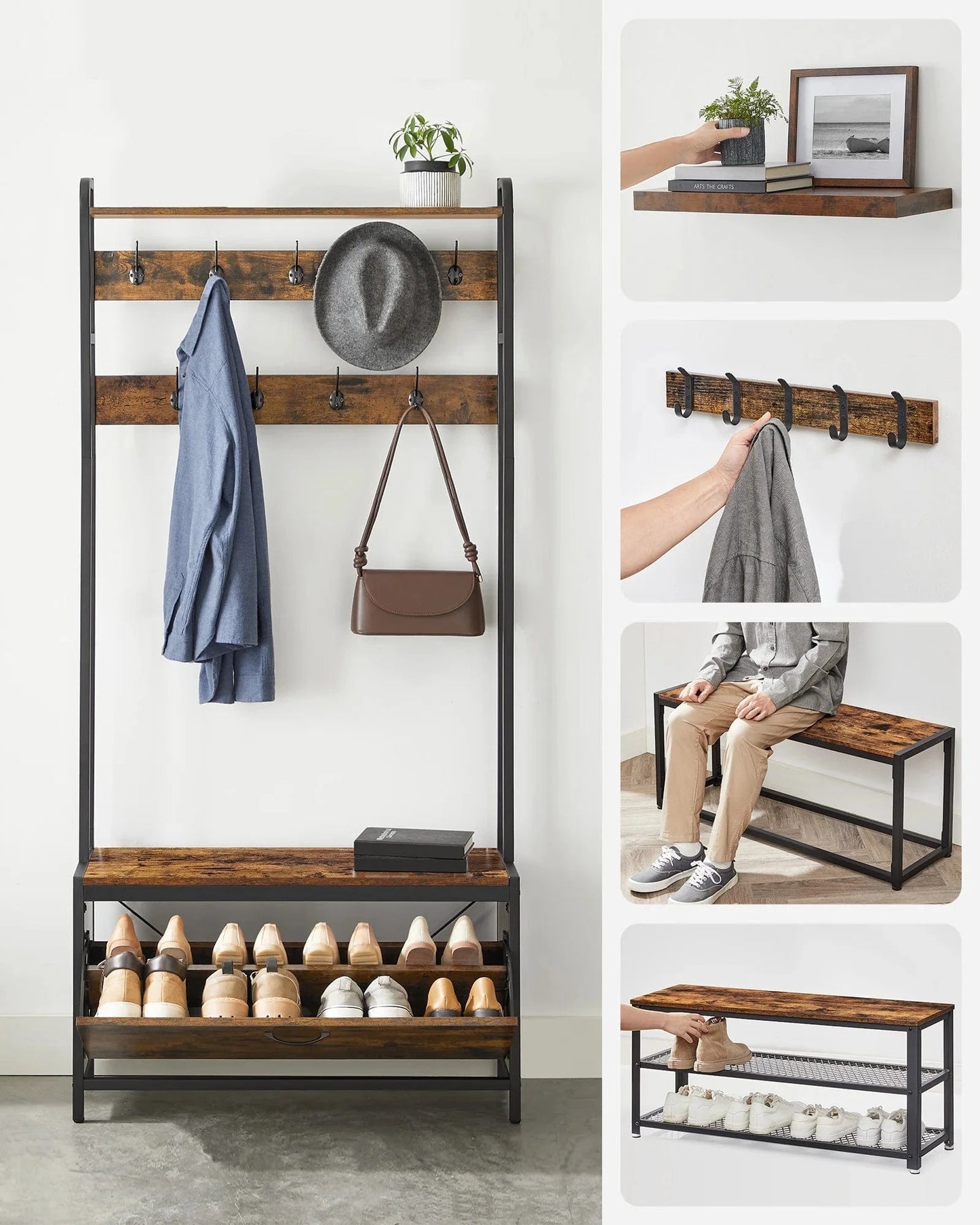 Porte manteau chaussure industriel avec banc et étagère de rangement