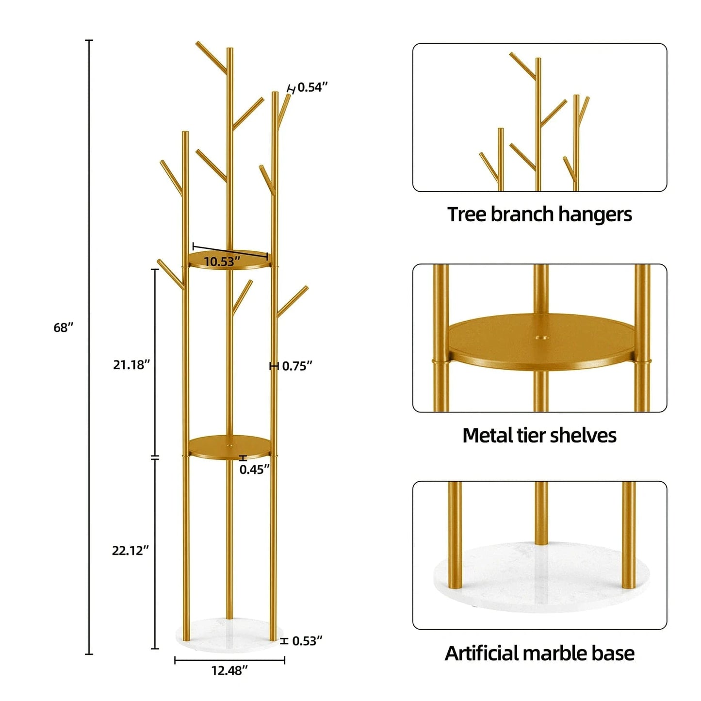 Heavy Duty Marble Coat Rack Stand Gold Metal Tall Clothes Rail Hanger for Bedroom Office Hall