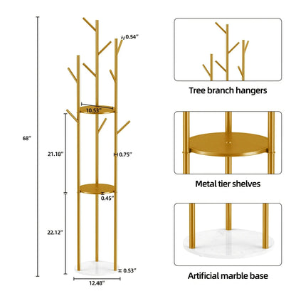 Heavy Duty Marble Coat Rack Stand Gold Metal Tall Clothes Rail Hanger for Bedroom Office Hall
