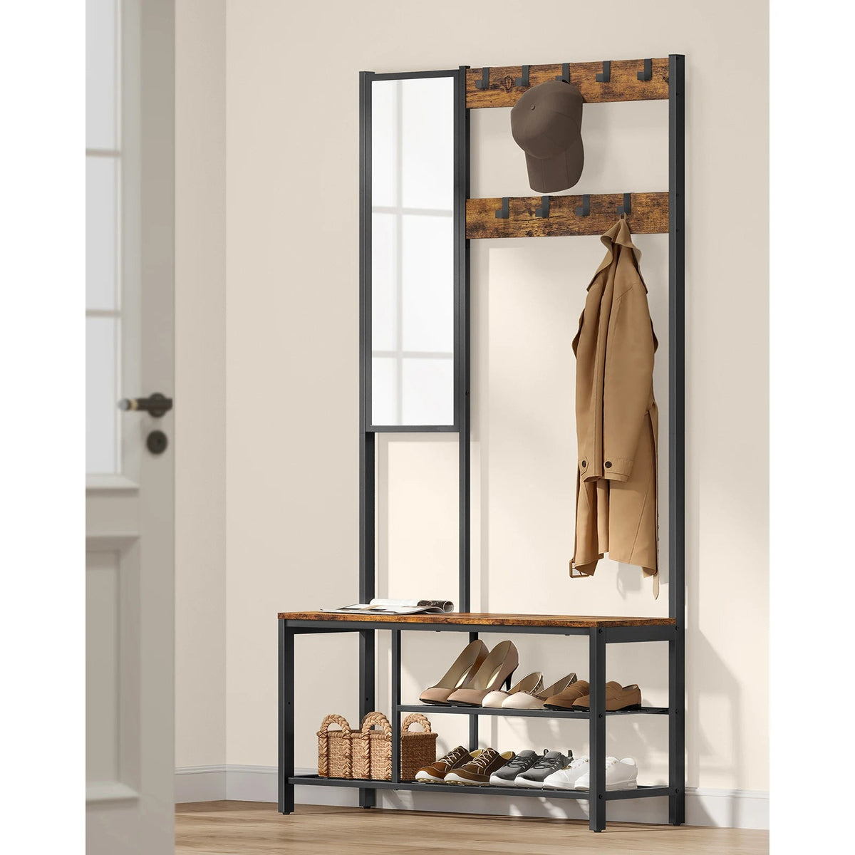 Porte-manteau miroir industriel – Meuble d’entrée avec banc - Aéraly